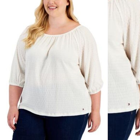 $79.50 NWT Tommy Hilfiger Plus Size 3/4-Sleeve  Blouse Top.  Ivory White  1X - Picture 1 of 7